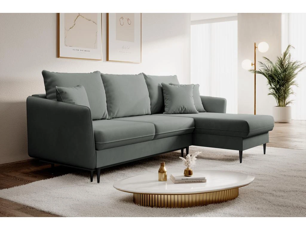 Canapé D'angle - 223 Cm - Avec Fonction Couchage - Velours Hydrophobe - Gris - Pieds Noirs - VOLIO 4 Canapé D'angle - 223 Cm - Avec Fonction Couchage - Velours Hydrophobe - Gris - Pieds Noirs - VOLIO – Image 2