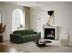 Canapé 4 Places Convertible Coffre Noyer Tissu Tramé Vert Olive