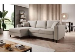 Canapé D'angle - 230 Cm - En L Avec Un Coffre De Rangement - Velours Hydrophobe - Beige - Côté Gauche - NALIKA