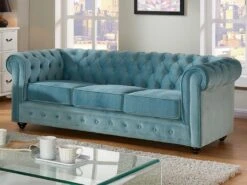 Canapé 3 Places CHESTERFIELD - Velours Bleu Pastel