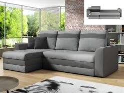 Canapé D'angle Réversible Et Convertible GIANY En Tissu Et Simili- Gris Clair Avec Bandes Anthracites