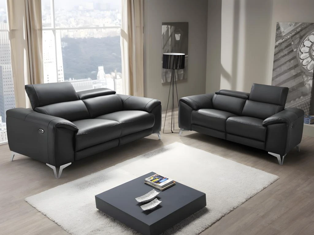 Canapé 2 Places Relax électrique En Cuir FRANSKA - Noir 3 Canapé 2 Places Relax électrique En Cuir FRANSKA - Noir