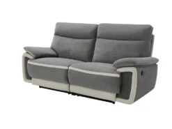 Canapé 3 Places Relax électrique En Velours METTI - Gris Et Bandes écru -Accueil-Canapé canape 397535