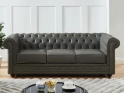 Canapé 3 Places En Cuir De Buffle CHESTERFIELD - Gris -Accueil-Canapé canape 398815