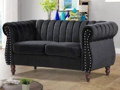 Canapé Chesterfield 2 Places En Velours Noir TRUMBO