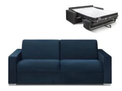 Canapé 4 Places Convertible Express En Velours CALITO - Bleu Nuit - Couchage Lattes Larges 160 Cm - Matelas 16 Cm Avec Mousse à Mémoire De Forme DUNLOPILLO