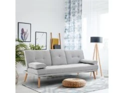 Canapé Convertible 3 Places Design Scandinave Inclinaison Dossier Réglable 3 Niveaux Dossier Central Rabattable 2 Porte-verres Bois Massif Lin Gris Clair