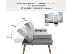 Canapé Convertible 3 Places Design Scandinave Inclinaison Dossier Réglable 3 Niveaux Dossier Central Rabattable 2 Porte-verres Bois Massif Lin Gris Clair -Accueil-Canapé canape 8909019