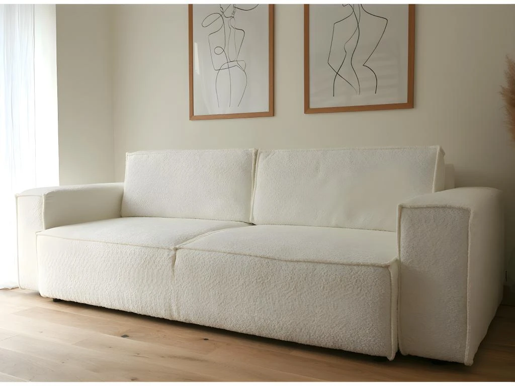 Canapé Convertible 3 Places Avec Coffre De Rangement En Tissu Bouclette écru - Harper 6 Canapé Convertible 3 Places Avec Coffre De Rangement En Tissu Bouclette écru - Harper – Image 4