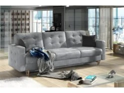 Canapé 3 Places Convertible - En Tissu Velours De Qualité Gris, ASVENA VELOURS