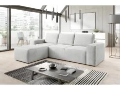 Canapé D'angle Convertible - SIDNEY VELOURS - En Tissu Luxe, 5/6 Places, Blanc Cassé, Angle Gauche (vu De Face)