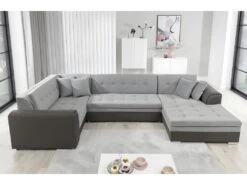 Canapé Panoramique Convertible - DAMIEN VELOURS - En Tissu Gris Clair Gris Foncé De Qualité, 7 Places, Gris, Méridienne à Droite Et Angle à Gauche (vu De Face) -Accueil-Canapé canape 9481175