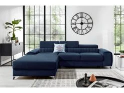 Canapé D'angle Convertible En Tissu Velours Luxe Bleu, 5 Places, Angle Gauche (vu De Face) - GRECE VELOURS