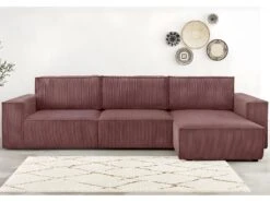 Canapé D'angle Convertible Réversible 5 Places Avec Coffre De Rangement En Velours Côtelé Vieux Rose - Harper