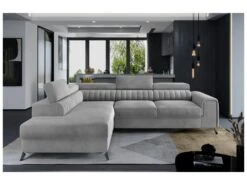 Canapé D'angle Convertible - LARRY VELOURS - En Tissu Luxe, 5 Places, Gris , Angle Gauche (vu De Face)