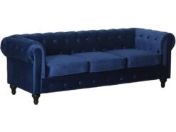 Canapé Fixe Chesterfield Velours "Aliza" - 208 X 82 X 70 Cm - 3 Places - Bleu Marine