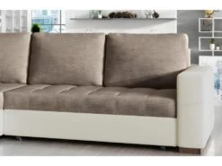 Canapé D'angle Convertible En Tissu Luxe Marron Et Simili Cuir Beige, 5 Places, Avec Coffre, Angle Gauche (vu De Face), NESTOR -Accueil-Canapé canape 9992531