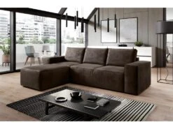 Canapé D'angle Convertible - SIDNEY VELOURS - En Tissu Luxe - 5/6 Places, Chocolat, Angle Gauche (vu De Face)