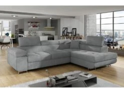 Canapé D'angle Convertible En Tissu Luxe 5 Places, ANNECY VELOURS, Couleur Gris Clair, Angle Droit (vu De Face)