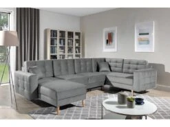 Canapé Panoramique Convertible - ASMA VELOURS - En Tissu De Qualité 5 Places, Gris, Méridienne à Gauche Et Angle à Droite (vu De Face)