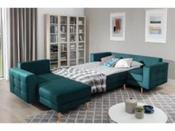 Canapé Panoramique Convertible - ASMA VELOURS - En Tissu De Qualité 5 Places, Vert Foncé, Méridienne à Gauche Et Angle à Droite (vu De Face) -Accueil-Canapé canape 9993617