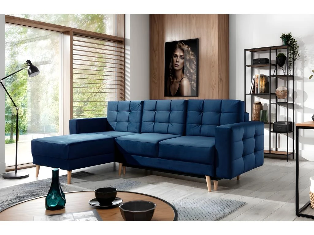 Canapé D'angle Convertible ASSIA VELOURS - En Tissu De Qualité 5 Places, Bleu Foncé, Angle Gauche (vu De Face) 3 Canapé D'angle Convertible ASSIA VELOURS - En Tissu De Qualité 5 Places, Bleu Foncé, Angle Gauche (vu De Face)