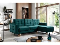 Canapé D'angle Convertible ASSIA VELOURS - En Tissu De Qualité 5 Places, Vert, Angle Droit (vu De Face)