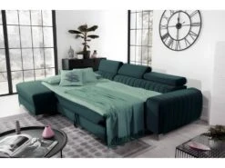 Canapé D'angle Convertible En Tissu Velours Luxe Vert, 5 Places, Angle Gauche (vu De Face) - GRECE VELOURS -Accueil-Canapé canape 9994337