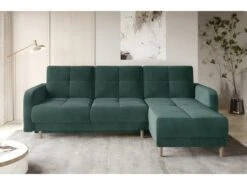 Canapé D'angle Convertible En Tissu Velours Luxe, Rangement - Vert Foncé, Angle Droit (vu De Face), ROXANE VELOURS