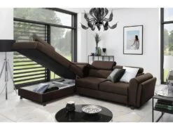 Canapé D'angle Convertible - KARL VELOURS - En Tissu Prestige - 5 Places, Chocolat, Angle Gauche (vu De Face) -Accueil-Canapé canape 9995041