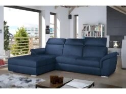 Canapé D'angle Convertible En Tissu Velours Prestige, Bleu, 5 Places, Angle Gauche (vu De Face) - TRESOR