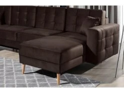 Canapé Panoramique Convertible - ASMA VELOURS - En Tissu De Qualité 5 Places, Marron Foncé, Méridienne à Droite Et Angle à Gauche (vu De Face) -Accueil-Canapé canape 9995121