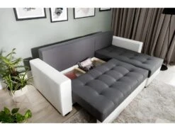 Canapé D'angle Convertible En Tissu Luxe Gris Foncé Et Simili Cuir Blanc, 5 Places, Avec Coffre, Angle Droit (vu De Face), NESTOR -Accueil-Canapé canape 9995183