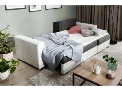 Canapé D'angle Convertible En Tissu Luxe Gris Foncé Et Simili Cuir Blanc, 5 Places, Avec Coffre, Angle Droit (vu De Face), NESTOR -Accueil-Canapé canape 9995187