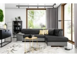 Canapé D'angle Convertible En Tissu Luxe 5 Places, Avec Coffre - Gris Foncé Et Gris Clair, Angle Droit (vu De Face), VERTU VELOURS