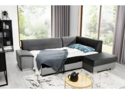 Canapé D'angle Convertible En Tissu Luxe 5 Places, Avec Coffre - Gris Foncé Et Gris Clair, Angle Droit (vu De Face), VERTU VELOURS -Accueil-Canapé canape 9995869