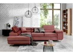 -Canapé D'angle Convertible En Tissu Luxe 5 Places, Avec Coffre, Rose Pale, Angle Gauche (vu De Face), ANNECY VELOURS