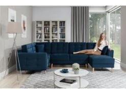 Canapé Panoramique Convertible - ASMA VELOURS - En Tissu De Qualité 5 Places, Bleu Foncé, Méridienne à Droite Et Angle à Gauche (vu De Face) -Accueil-Canapé canape 9996317