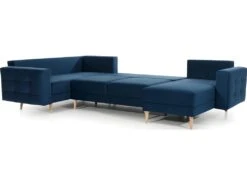 Canapé Panoramique Convertible - ASMA VELOURS - En Tissu De Qualité 5 Places, Bleu Foncé, Méridienne à Droite Et Angle à Gauche (vu De Face) -Accueil-Canapé canape 9996319