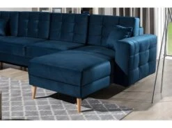 Canapé Panoramique Convertible - ASMA VELOURS - En Tissu De Qualité 5 Places, Bleu Foncé, Méridienne à Droite Et Angle à Gauche (vu De Face) -Accueil-Canapé canape 9996321