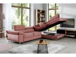 Canapé D'angle Convertible En Tissu Luxe 5 Places, ANNECY VELOURS, Couleur Rose Pale, Angle Droit (vu De Face) -Accueil-Canapé canape 9996681