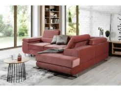 Canapé D'angle Convertible En Tissu Luxe 5 Places, ANNECY VELOURS, Couleur Rose Pale, Angle Droit (vu De Face) -Accueil-Canapé canape 9996685