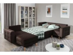 Canapé Panoramique Convertible - ASMA VELOURS - En Tissu De Qualité 5 Places, Marron Foncé, Méridienne à Gauche Et Angle à Droite (vu De Face) -Accueil-Canapé canape 9996761