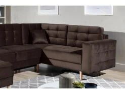 Canapé Panoramique Convertible - ASMA VELOURS - En Tissu De Qualité 5 Places, Marron Foncé, Méridienne à Gauche Et Angle à Droite (vu De Face) -Accueil-Canapé canape 9996763